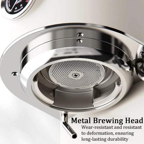Close-up of the metal brewing head on the Straight Up Home Barista Dream Machine featuring durable design and precision control.