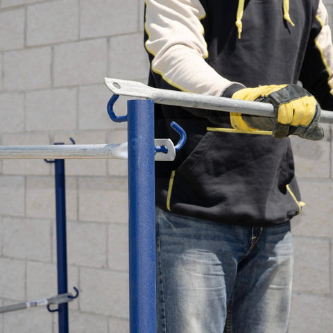 Heavy Duty Scaffold Guardrail System 5 Feet Wide 7 Feet Deep Built Like A Tank Jobsite Fall Protection Kit with worker using wedge clamps.