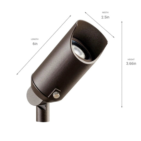 Six Inch Outdoor Accent Light In Textured Architectural Bronze Low Voltage 12V LED Adjustable Spotlight With MR16 Bi Pin Socket 6 Inch Long By 2.5 Inch High Flat Lens Landscape Lighting For Trees And Structures.