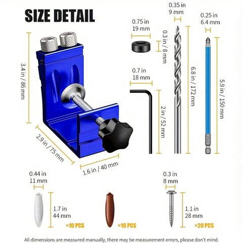 Pro Grade Pocket Hole Jig Kit with Adjustable Punch Locator and 15 Degree Drill Guide 45 Piece Set size details