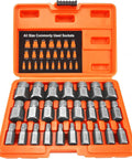 25 Piece Pro Grade Screw Extractor Set With Hex Head Multi-Spline Easy Out Bolt Remover Tool in orange case showing sizes