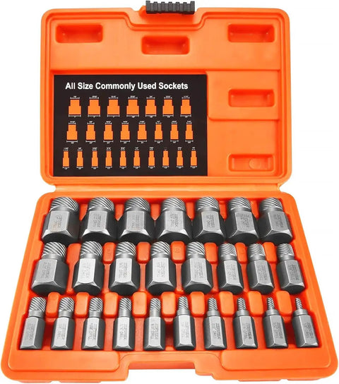 25 Piece Pro Grade Screw Extractor Set With Hex Head Multi-Spline Easy Out Bolt Remover Tool Heavy Duty Cr-Mo Steel EZ Out
