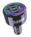 Heavy Hitter 320W USB Type C Car Charger Six Port PD Fast Charge Adapter top view with six USB ports for devices.