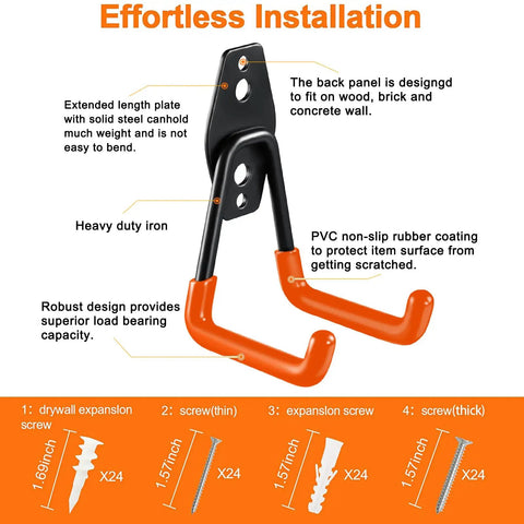 Heavy Duty Steel Garage Hooks With Anti Slip Coating, Wall Mount Storage Organizer, features, and screws included