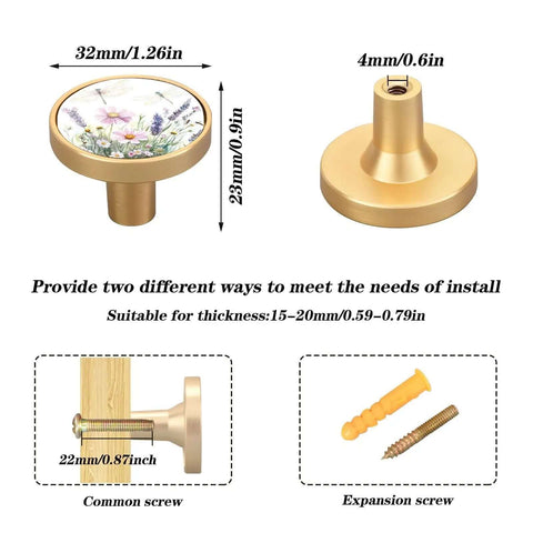Gold Drawer Knobs Set Of 4 With Watercolor Wildflowers, two installation methods, dimensions 32mm diameter, 23mm height
