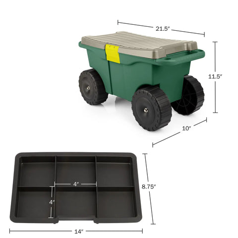 Rolling Garden Cart With Seat And Interior Tool Tray Green Plastic Garden Bench On Wheels For Easier Weeding Planting And Light Transport