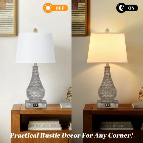 Two Rustic Vase Table Lamps For Bedroom And Living Room, Touch Activated Bedside Lamps With USB Ports, 3 Way Dimmable Nightstand Lighting, Includes 2700K Edison Bulbs, Cozy Modern Farmhouse Vibe