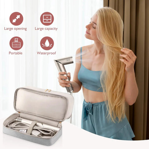 Travel Hair Dryer Case With Double Layer Storage Fits Revlon And Most 110V Dryers Flexstyle Airwrap Fusion Brush And Styling Tools Built To Last On The Go Organizer Bag, shown open with dryer and tools inside
