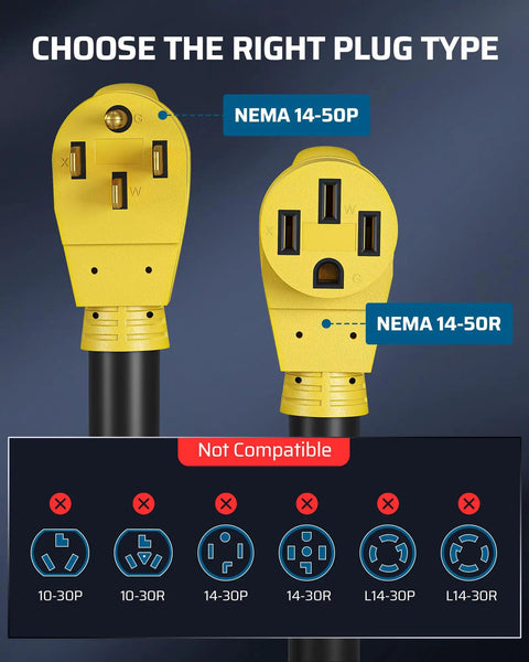 Heavy Duty 50 Amp RV Extension Cord 10 Feet NEMA 14 50P To 14 50R Copper Wire plug ends, suitable plug types shown