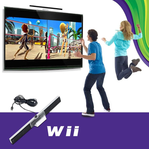 USB Sensor Bar For Nintendo Wii And Wii U in use during motion control gaming with players engaged, sensor bar and cable shown.