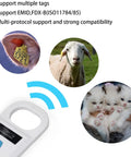 Handheld AR180 Pet Microchip Reader for Dogs and Cats, shows RFID scanning with images of sheep, livestock, and kittens.