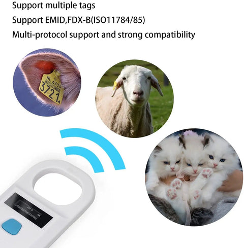 Handheld AR180 Pet Microchip Reader for Dogs and Cats, shows RFID scanning with images of sheep, livestock, and kittens.