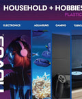 Collage of electronics, aquariums, gaming, and turntable under household and hobbies theme.