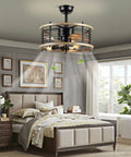 20 Inch Enclosed Bladeless Caged Ceiling Fan With Remote Control, Rustic Farmhouse Fandelier, in bedroom with wood blades and LED bulbs
