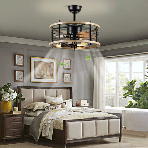 20 Inch Enclosed Bladeless Caged Ceiling Fan With Remote Control, Rustic Farmhouse Fandelier, in bedroom with wood blades and LED bulbs