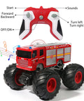 Remote Control Fire Truck Monster Truck Toy 1 By 18 Scale with controller, LED lights, large offroad tires, red color design