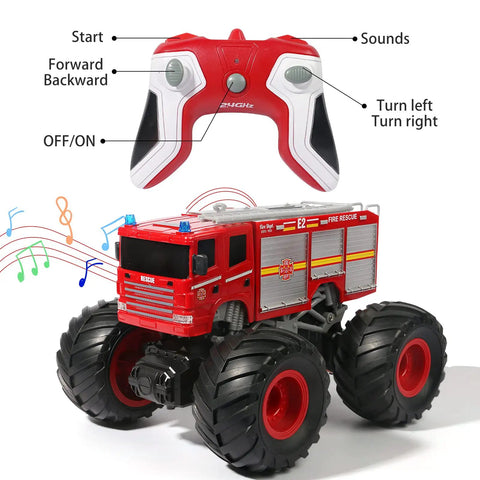 Remote Control Fire Truck Monster Truck Toy 1 By 18 Scale with controller, LED lights, large offroad tires, red color design