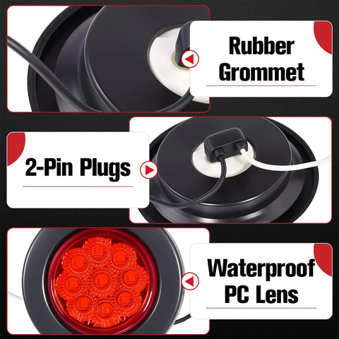 10 Pack 2 Inch 9 LED Side Marker Lights with rubber grommets, 2-pin plugs, and waterproof red PC lens for cars trucks SUVs.