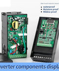 Powerful 1.5 To 7.5 kW 380V VFD Frequency Converter Inverter For 3 Phase Motors Speed Control With 50 To 400 Hz Range, Industrial Grade Variable Frequency Drive For Smooth Start And Precise Motion. inverter components display with exposed circuit boards and digital panel