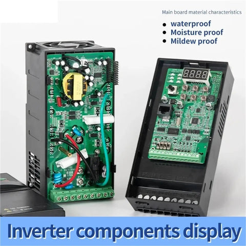Powerful 1.5 To 7.5 kW 380V VFD Frequency Converter Inverter For 3 Phase Motors Speed Control With 50 To 400 Hz Range, Industrial Grade Variable Frequency Drive For Smooth Start And Precise Motion. inverter components display with exposed circuit boards and digital panel