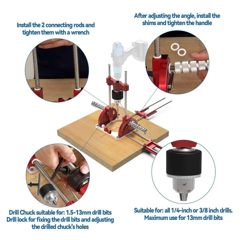 Portable Drill Guide For Dead Nuts Straight And Angled Holes Up To Sixty Degrees Sharp As A Tack Precision Angle Stand with drill chuck.