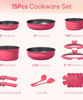 15 Piece Nonstick Pots And Pans Set With Detachable Handle For Induction Cooktop, Oven And Dishwasher Safe, RV Camping Friendly Cookware For Healthier Meals And Quick, Easy Cleanup including assorted pink pans, lids, and utensils