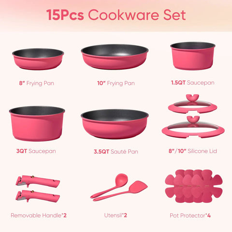15 Piece Nonstick Pots And Pans Set With Detachable Handle For Induction Cooktop, Oven And Dishwasher Safe, RV Camping Friendly Cookware For Healthier Meals And Quick, Easy Cleanup including assorted pink pans, lids, and utensils