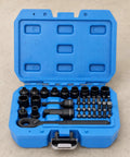 Thirty Seven Piece One Quarter Inch Drive Bidirectional Ratchet Socket Set With Go Through Wrench Kit And Heavy Duty Carry Case for automotive DIY projects, showing sockets and tools in blue case.