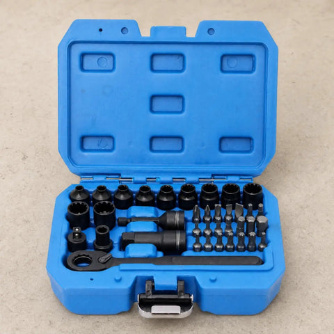 Rock Solid 37 Piece Socket Set 1/4 Inch Drive Pass Through Ratchet With Instant Release Metric Sockets 4.5mm To 13mm Alloy Steel Tool Kit in blue case