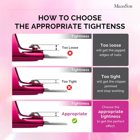 Diagram showing tightness guide for "Acrylic Nail Clippers With 15 Magnetic Sizers For Long Gel Nails" in plum color.
