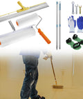 Self Leveling Tools Kit With 20 Inch And 9 Inch Spiked Rollers 22 Inch Self Leveling Rake Scraper Spike Shoes Extension Pole Up To Five Point Two Feet Gloves Durable Stainless Steel And PE Construction For Concrete Floor And Epoxy displayed with person using tools on floor coating