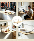 Collage showing Solid Wood Wall Mounted Folding Table Boss Grade with heavy duty brackets in various home settings.