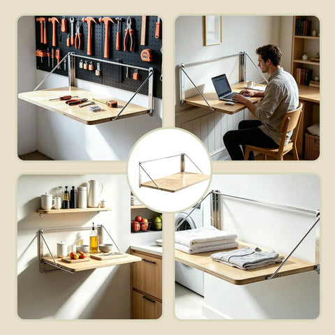 Collage showing Solid Wood Wall Mounted Folding Table Boss Grade with heavy duty brackets in various home settings.
