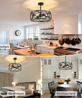Farmhouse Semi Flush Mount Ceiling Light With Open Drum Frame Modern Dimmable LED Fixture in black and wood grain, kitchen view