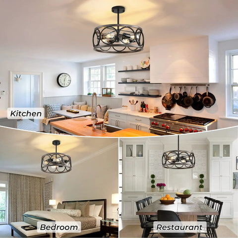 Farmhouse Semi Flush Mount Ceiling Light With Open Drum Frame Modern Dimmable LED Fixture in black and wood grain, kitchen view