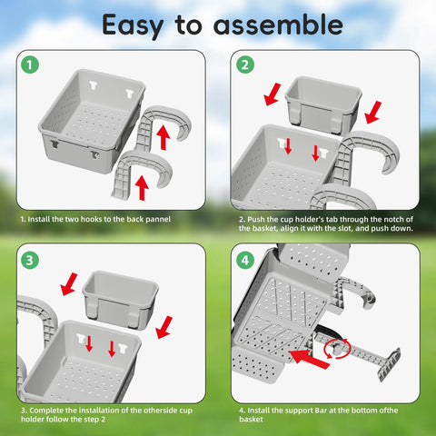 Assembly instructions for Poolside Storage Basket With Two Cup Holders, Stretchable Organizer For Drinks And Pool Supplies, Fits Most Frame Pools With Round Or Oval Pipes, Adjustable Bracket For Stability, Above Ground Pool Accessories.