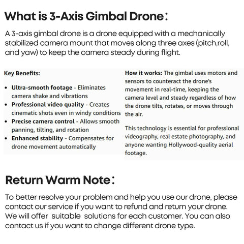 Text providing an overview of a 3-axis gimbal drone's functionality and benefits.