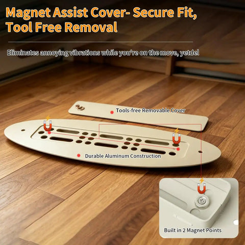 2x10 Inch Aluminum RV Floor Vent Cover With Magnet Assisted Removable Lid showing tools-free removal on wooden floor