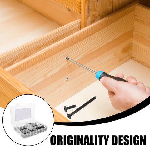 Hand using screwdriver from 141 Piece Black Aluminum Alloy Bed Hardware Replacement Kit For DIYers And Pros for crib assembly