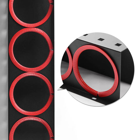 Close-up of Spray Bottle Storage Rack Car Detailing Organizer For Bottles 2 Pack With 5 Holes and red trim detailing.