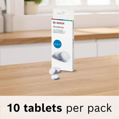 VeroCafe Espresso Cleaning Tablets 2 In 1 Phosphate Free Formula package with tablets on wooden counter, 10 tabs per pack.