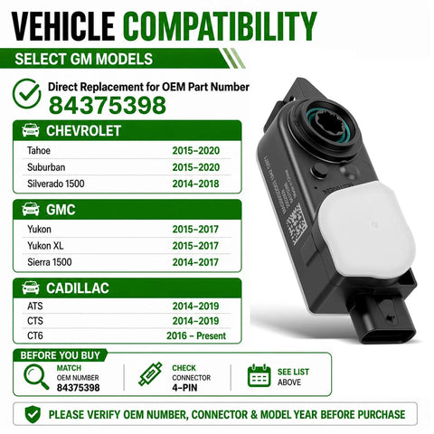 Front Grille Active Aero Shutter Actuator Motor direct replacement for 84375398 compatibility chart with GM models and years.