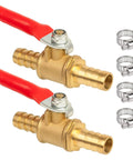 Two KAINGA 3/8-inch brass barb shut-off ball valves with red handles and hose fittings, includes 4 stainless clamps