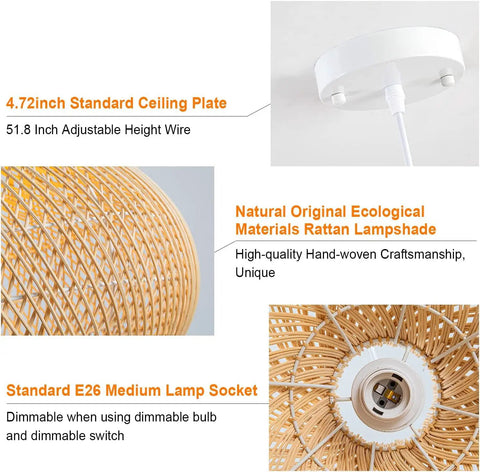 Boho Rattan Pendant Light D16.5 Inch Handwoven Wicker Chandelier showcasing ceiling plate, rattan lampshade, and E26 socket.