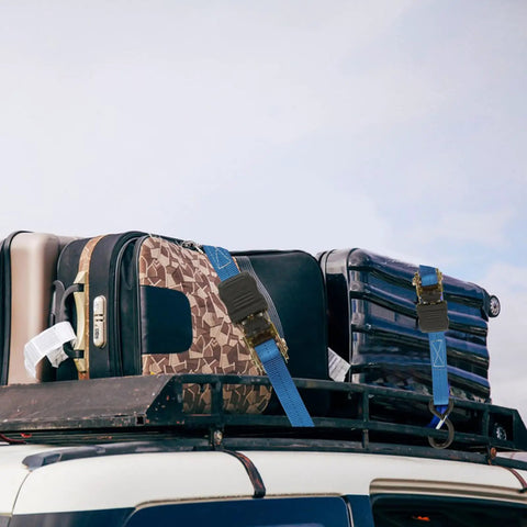 Heavy Duty Ratchet Tie Down Straps 2 Inch By 33 Feet, 10,000 Lbs Break Strength securing luggage on car roof rack.
