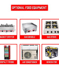 Optional food equipment for Built Different Stainless Steel Food Truck With Fully Loaded Commercial Kitchen, includes fryer, griddle, and more.