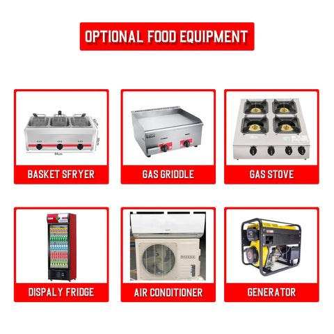 Optional food equipment for Built Different Stainless Steel Food Truck With Fully Loaded Commercial Kitchen, includes fryer, griddle, and more.
