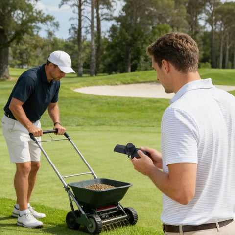 Man installing Replacement Gears For Fertilizer Spreader And Broadcast Spreader Attachment Spreader Parts Kit on green lawn