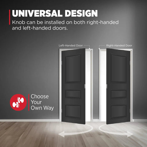 Image showing universal installation of Interior Privacy Door Knob With Lock For Bedroom And Bathroom, matte black doorknob on right and left-handed doors.