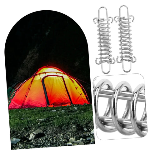 3 Piece Adjustable Rope Buckle High Strength Spring Tensioner Set with tent in background for camping